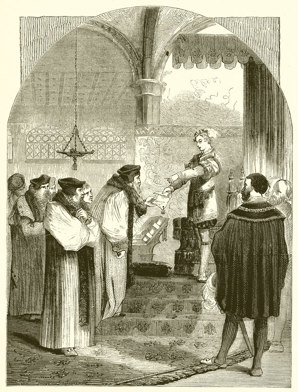 爱德华六世。将Joan Bocher的执行令交给大主教Cranmer 作者 英语学校
