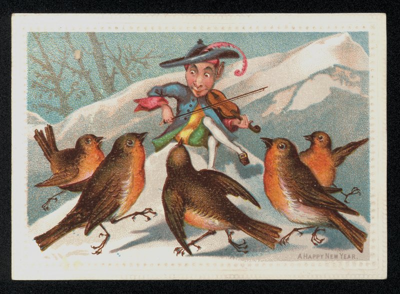 拿着小提琴招待一群知更鸟的精灵，新年问候卡。(chromolitho) 作者 英语学校