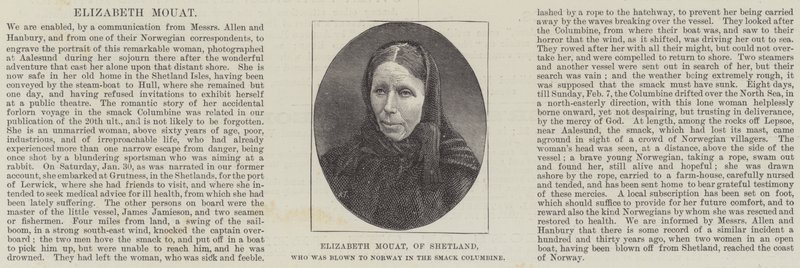 来自设得兰群岛的 Elizabeth Mouat，在 Smack Columbine 中被吹到挪威（雕刻） 作者 英语学校