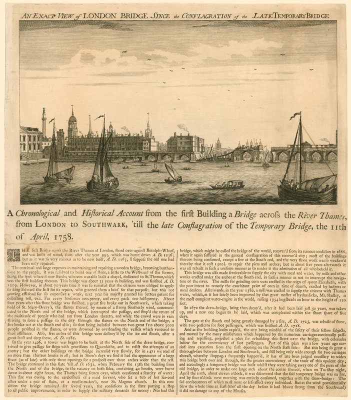 自1758年4月11日临时桥梁大火爆发以来伦敦桥的精确视图 作者 英语学校