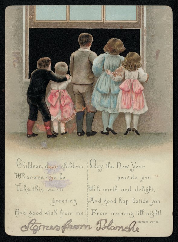 兴奋的孩子们望着窗外，新年贺卡。 （色光） 作者 英语学校