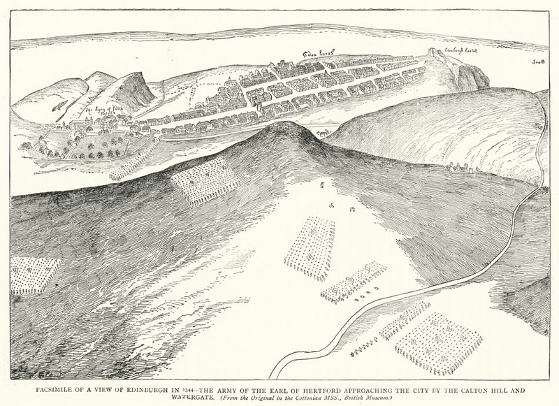 1544 年爱丁堡风景图的传真件，赫特福德伯爵的军队从卡尔顿山和水门接近爱丁堡城（雕刻） 作者 英语学校