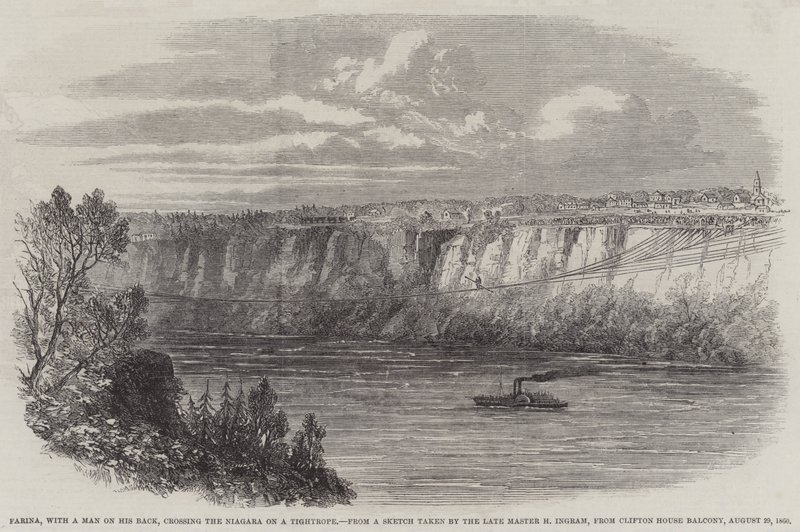 Farina 背着一个男人，用钢丝穿过尼亚加拉河，来自克利夫顿住宅的阳台，1860 年 8 月 29 日（版画） 作者 英语学校