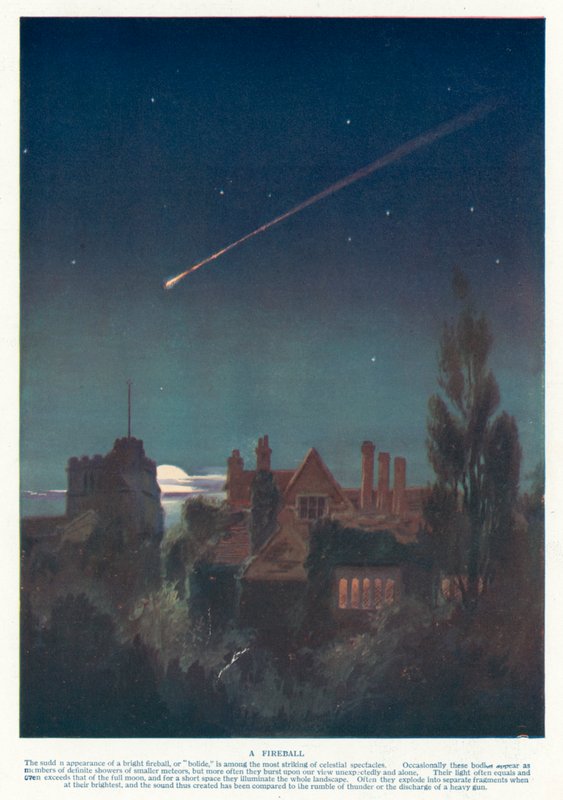由大型流星进入地球大气层引起的火球（彩色石版画） 作者 英语学校