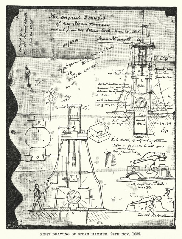 蒸汽锤的第一张图纸，1839年11月24日（雕刻）。 作者 英语学校