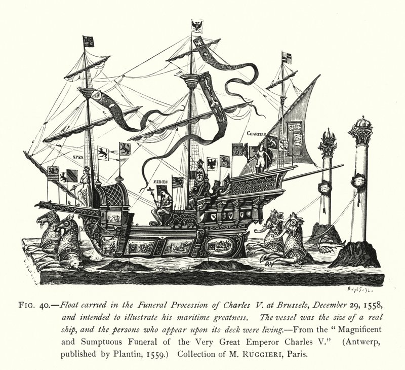 1558 年 12 月 29 日在布鲁塞尔举行的查理五世葬礼游行中携带的漂浮物，旨在展示他的航海伟大（雕刻） 作者 英语学校