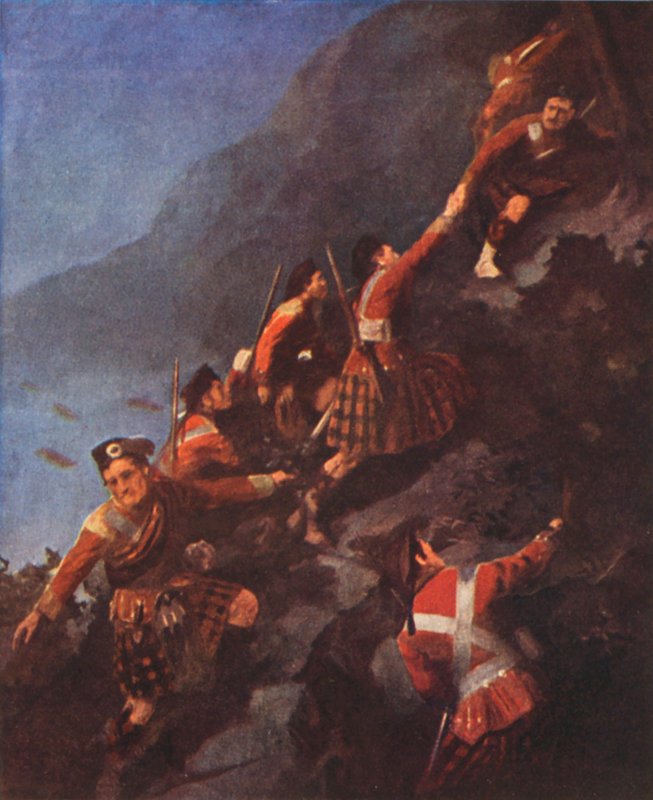 弗雷泽高地人在魁北克冲上高地（彩色石版画） 作者 英语学校