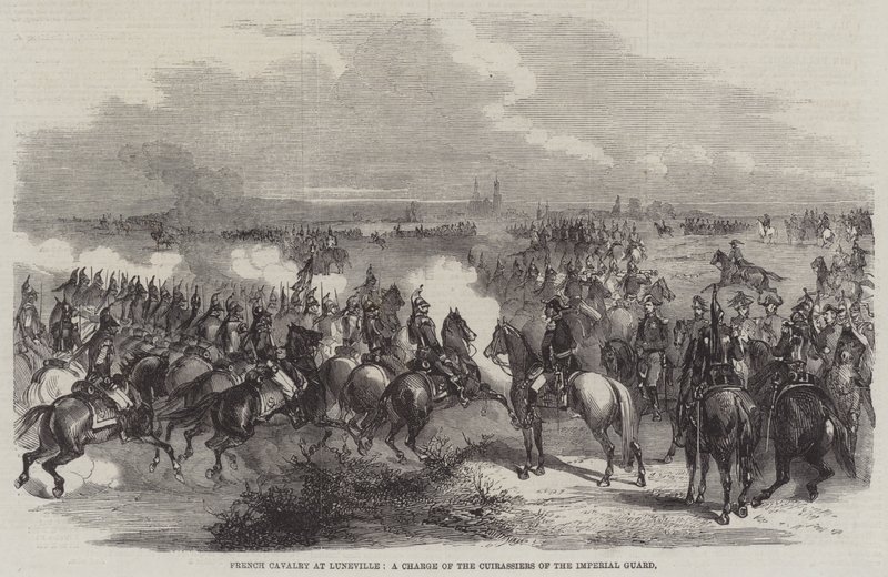 Luneville 的法国骑兵，帝国卫队胸甲骑兵的冲锋（版画） 作者 英语学校
