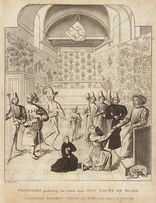 Froissart在他的奥尔泰宫展示盖伊法院的信件给Gaston Phoebus Count de Foix 作者 英语学校