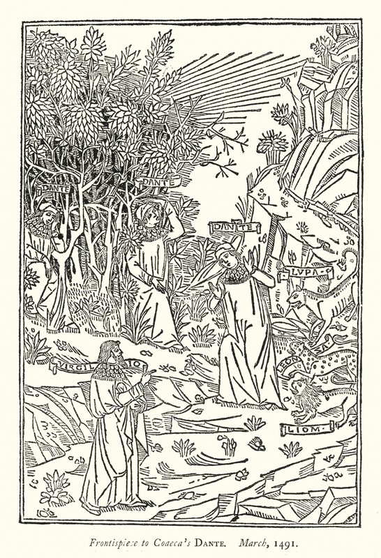 科埃卡《但丁》的封面，1491年3月（雕刻）。 作者 英语学校