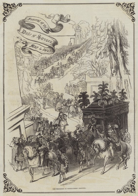苏塞克斯公爵的葬礼，1843 年 5 月 4 日，肯萨尔格林公墓的游行（雕刻） 作者 英语学校