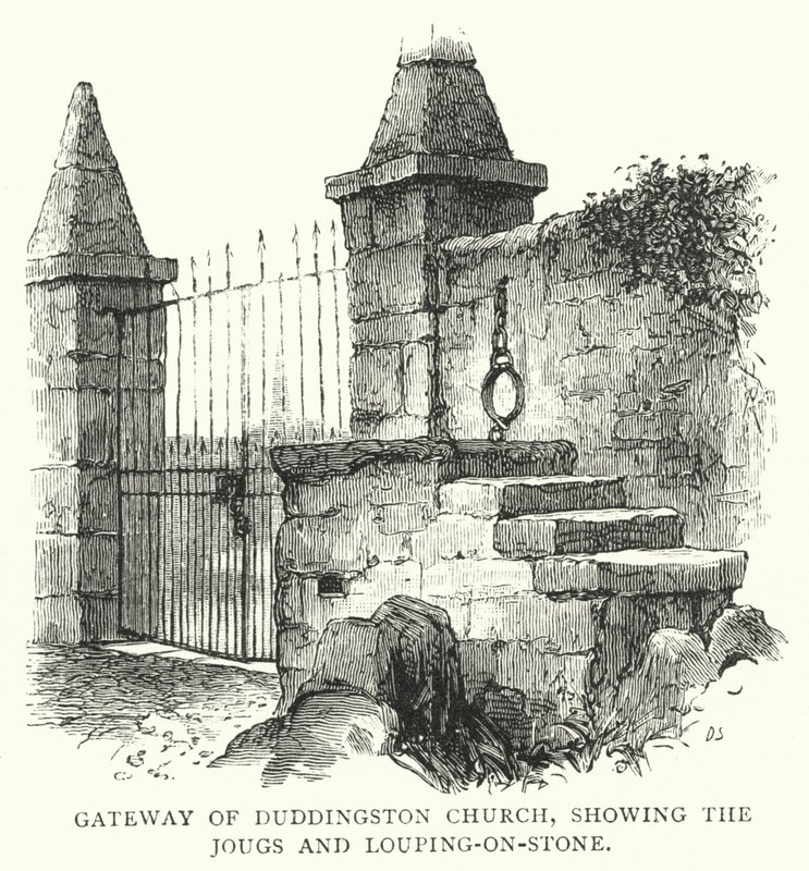 Duddingston教堂的大门，显示了Jougs和Louping-on-Stone（雕刻）。 作者 英语学校