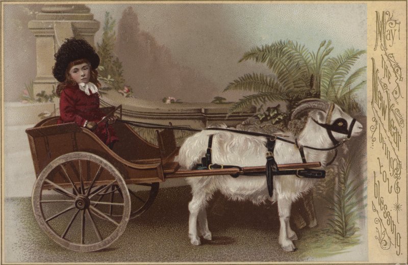 Girl in a goat cart, New Years greetings card (chromolitho) 作者 英语学校