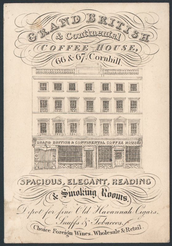 贸易卡是Grand British and Continental Coffee House，66和67 Cornhill 作者 英语学校