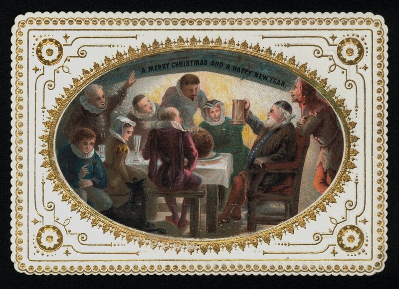 一群来自 16 世纪的男女敬酒节日，圣诞贺卡 (chromolitho) 作者 英语学校
