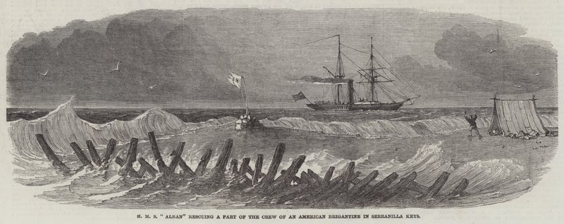 HMS“Alban”在 Serranilla Keys 营救美国双桅船的一部分船员（雕刻） 作者 英语学校
