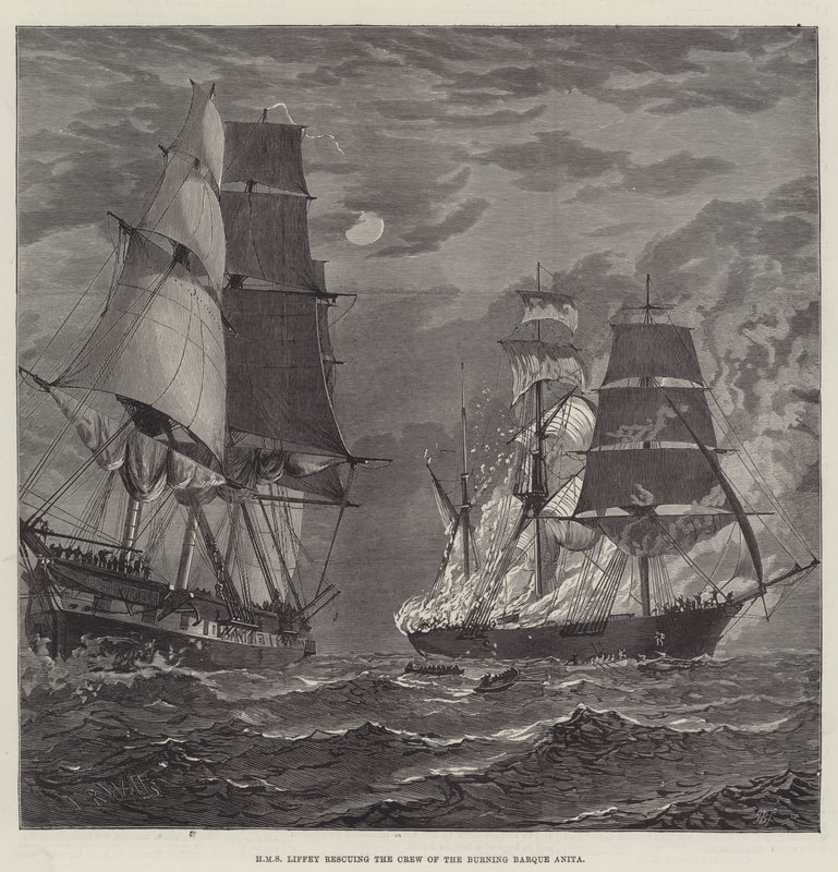 HMS Liffey 营救燃烧的三桅帆船安妮塔的船员（雕刻） 作者 英语学校