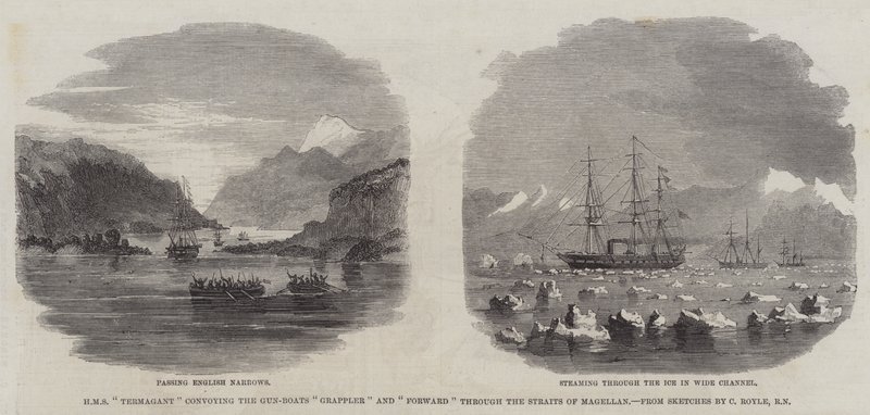 HMS“Termagant”护送炮艇“Grappler”和“Forward”通过麦哲伦海峡（雕刻） 作者 英语学校