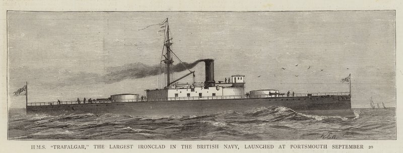 HMS "Trafalgar," the Largest Ironclad in the British Navy, launched at Portsmouth 20 September (engraving) 作者 英语学校