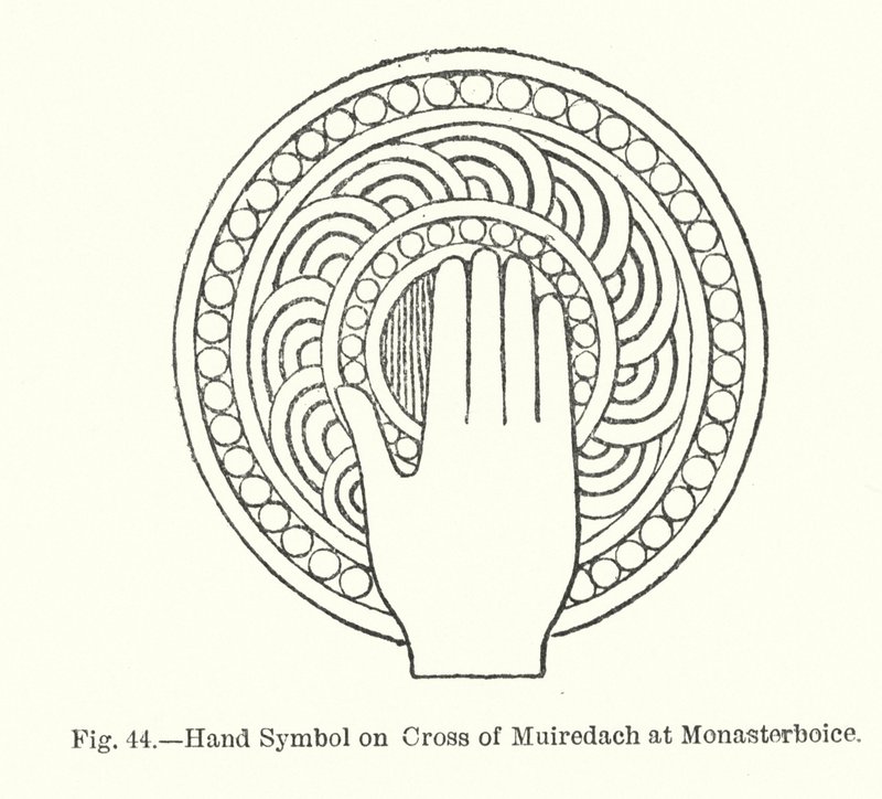 在Monasterboice的Muiredach十字架上的手形符号（雕刻）。 作者 英语学校