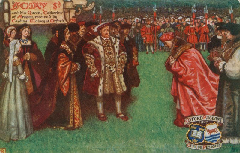 亨利八世和他的女王，阿拉贡的凯瑟琳，1518年在牛津大学的红衣主教沃尔西收到 作者 英语学校