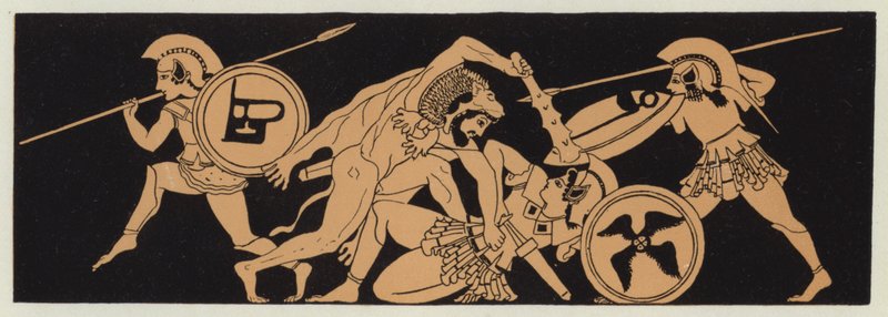 赫拉克勒斯取下亚马逊女王潘特西莱亚的腰带（彩色石版画） 作者 英语学校