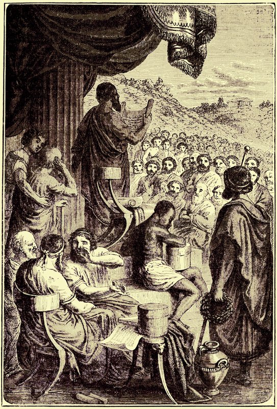 希罗多德在公共节日上阅读他的历史，插图来自世界图解史，1880年出版（数字增强图像） 作者 英语学校