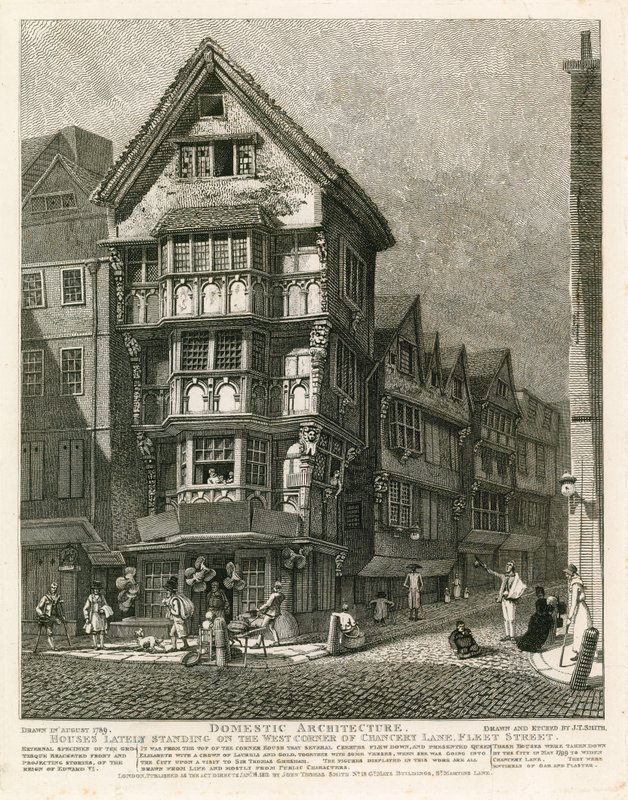 最近房子站立在Chancery Lane，舰队街，伦敦的西角 作者 英语学校