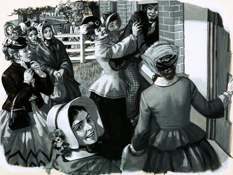 1848 年，伊丽莎白·卡迪·斯坦顿 (Elizabeth Cady Stanton) 在纽约组织了一次妇女参政会（纸上水粉画） 作者 英语学校