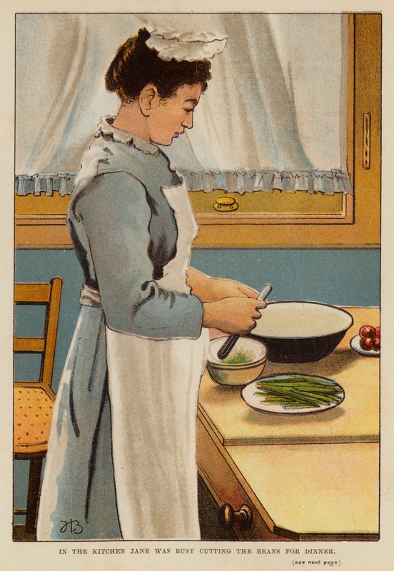 厨房里，简忙着为晚餐切豆子（彩色石版画） 作者 英语学校