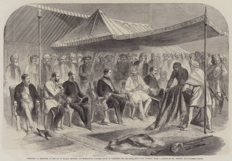 3 月 9 日，Cashmere 的 Maharajah Rumbeer Singh 与坎宁勋爵阁下在 Sealkote 进行的采访（版画） 作者 英语学校