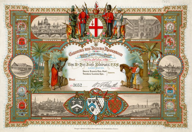 1886年6月25日在伦敦市政厅举行殖民地和印度招待会的邀请 作者 英语学校