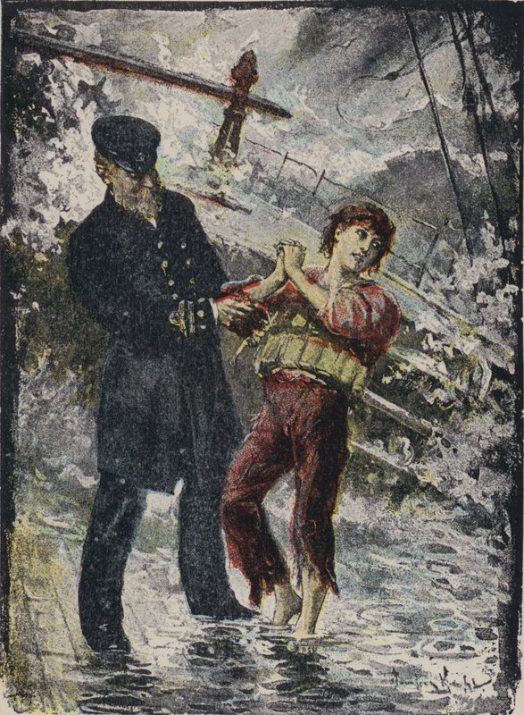 约翰·亚历山大·斯特拉坎 (John Alexander Strachan)，西普里安号轮船船长，在 1881 年威尔士海岸的大风中船只失事前将救生衣交给一名年轻的偷渡者（彩色平版印刷） 作者 英语学校