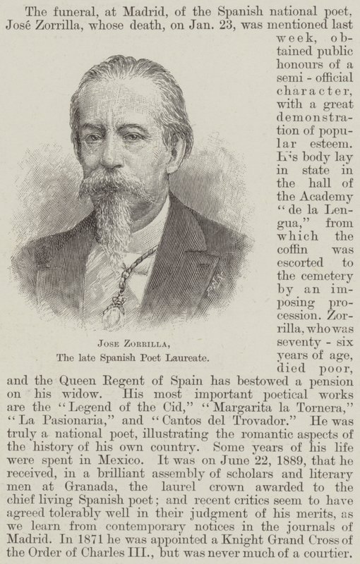 Jose Zorrilla，已故的西班牙桂冠诗人（版画） 作者 英语学校