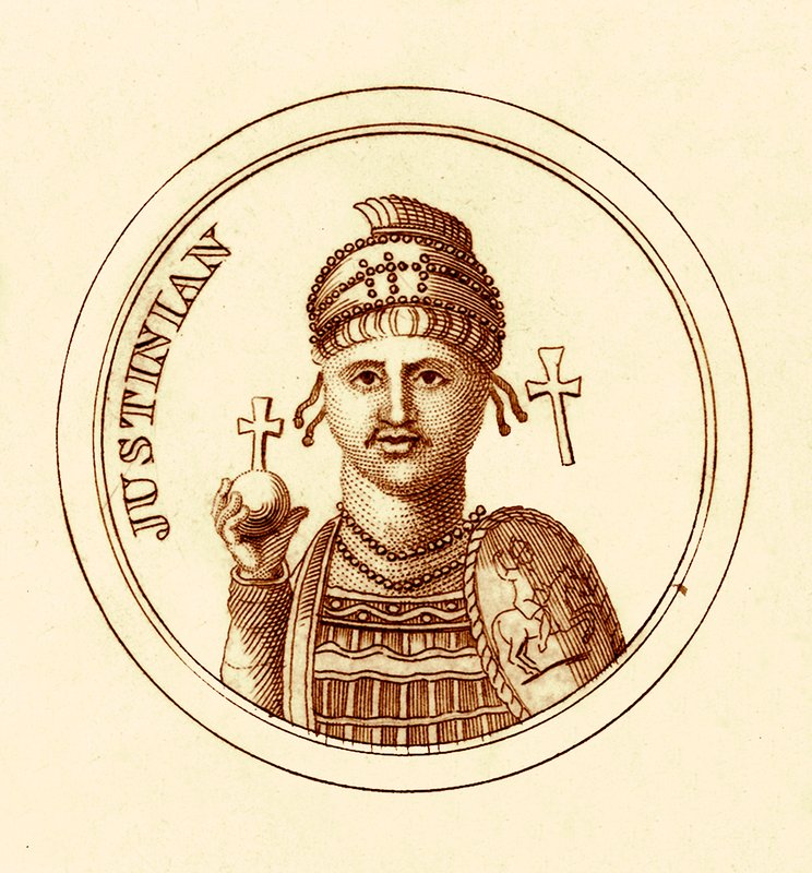 查士丁尼，1825年出版的乔治·克拉布的“环球历史辞典”插图（数字增强图像） 作者 英语学校