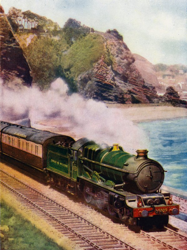 查尔斯国王二世，大西部铁路（GWR）国王级4-6-0蒸汽机车，在德文郡道里什和提姆茅斯之间的海岸线上牵引康尼什海滨快车（彩色平印）。 作者 英语学校