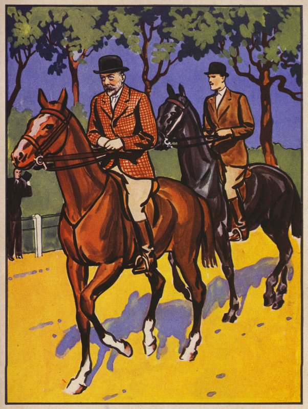 英王乔治五世在伦敦海德公园 Rotten Row 骑马（彩色石版画） 作者 英语学校