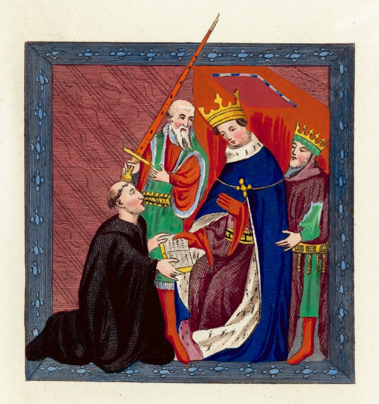 King Henry VI and John Lydgate (coloured engraving) 作者 英语学校