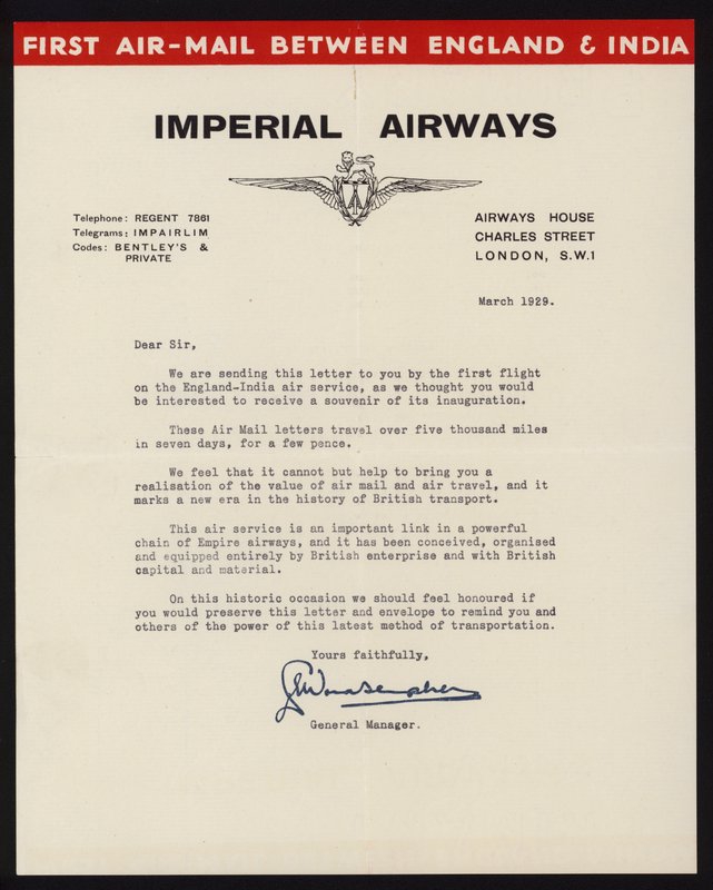 1929 年 3 月，帝国航空公司在英国和印度之间推出了第一条航空邮件服务（平版印刷） 作者 英语学校