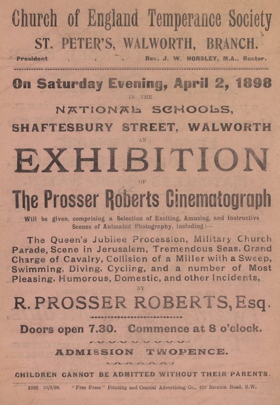 宣传单张广告Prosser Roberts Cinematograph的展览 作者 英语学校