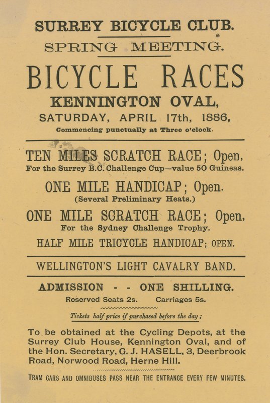 1886年4月17日，Kennington Oval的传单广告自行车比赛 作者 英语学校