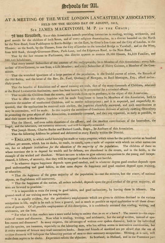 小册子解释了西伦敦兰卡斯特协会决议，开始为儿童提供指导，1813年8月 作者 英语学校