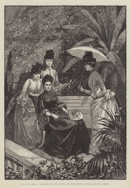 圣雷莫的生活，在齐里奥别墅的花园里，德国王储和她的女儿们（版画） 作者 英语学校