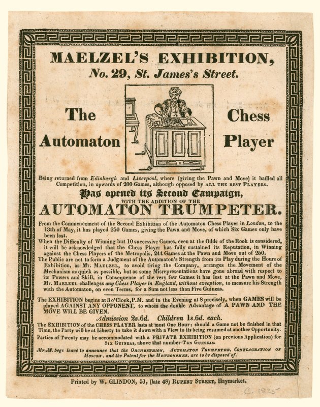 Maelzels Exhibition，29 St Jamess Street，自动机棋手，1825年 作者 英语学校