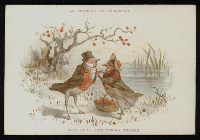 Male and female robins in costume. Christmas greetings card. (chromolitho) 作者 英语学校
