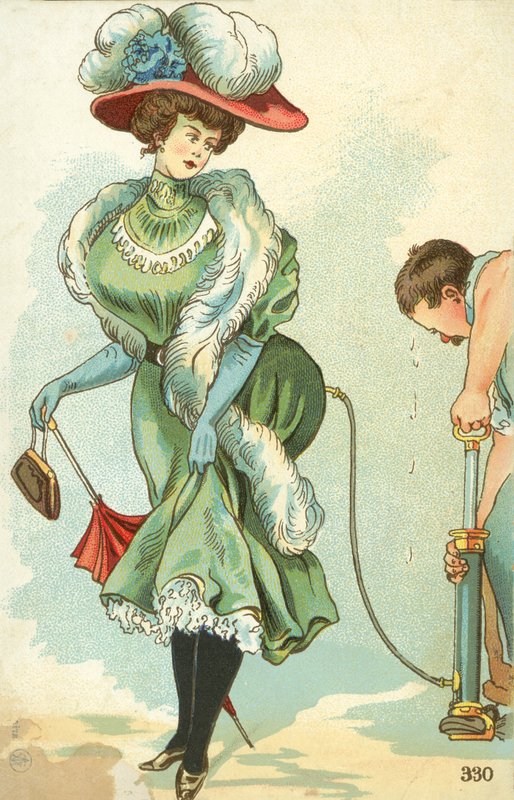 男子用打气筒给爱德华时代的妇女裙子充气（彩色石版画） 作者 英语学校