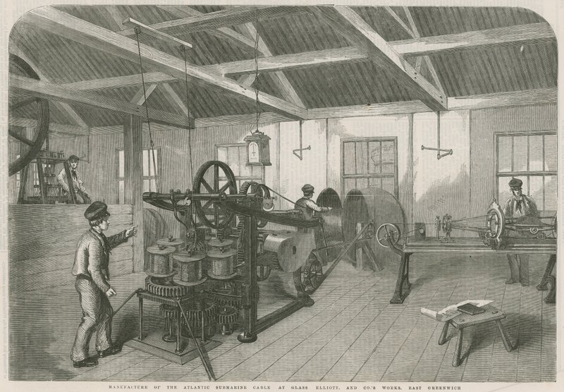 在东格林威治的Glass Elliott and Co.s工厂生产大西洋海底电缆 作者 英语学校
