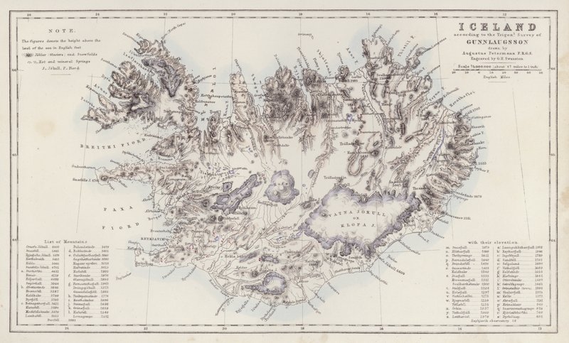 地图：冰岛，根据奥古斯都-彼得曼绘制的贡劳格松特里贡勘测图（彩色石版）绘制 作者 英语学校