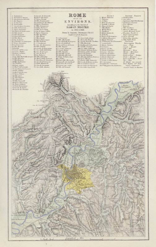 地图。罗马及其周边地区，根据1845年和1846年莫尔克男爵的调查，由奥古斯都-佩特曼绘制（彩色平印）。 作者 英语学校