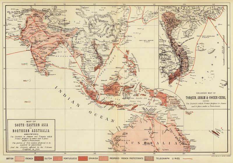 东南亚和澳大利亚北部地图； Tonquin、Annam 和 Cochhin 中国的放大地图（彩色石版画） 作者 英语学校